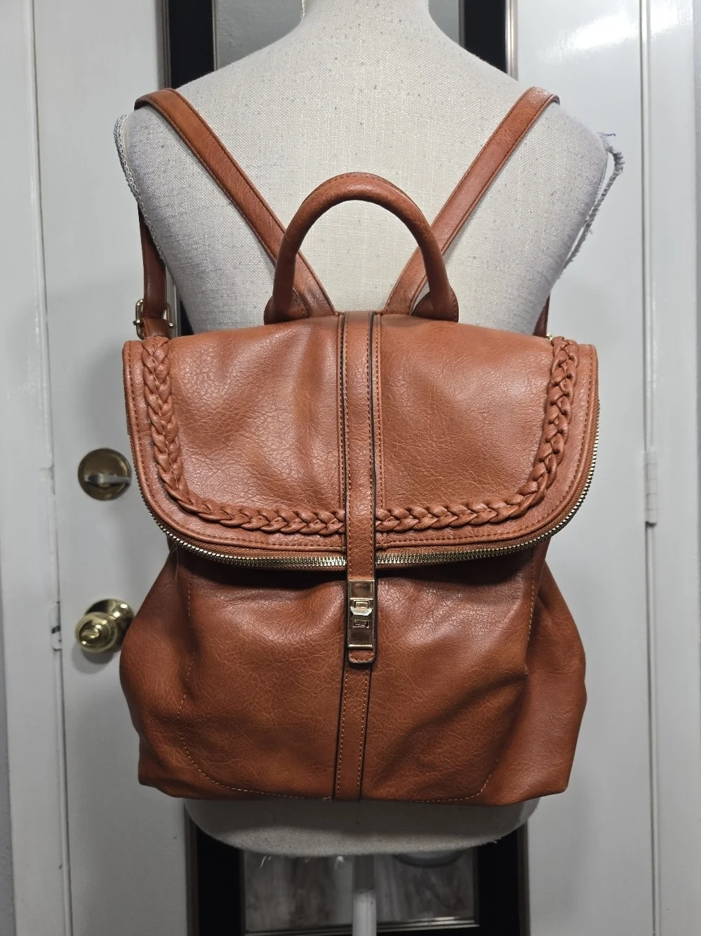Women's Faux Leather Backpack Purse Brown Turn Lock